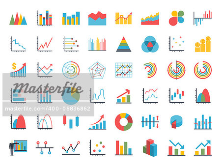 Business data market elements dot pie bar charts diagrams and graphs flat icons set. Statistic and data, information infographic. Isolated on a white background. Vector illustration.