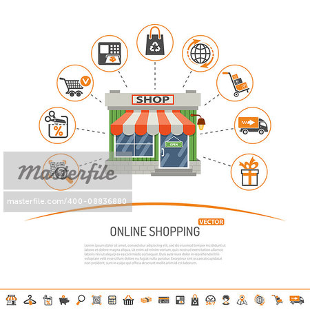 Online internet shopping concept with Two Color and flat Icons Set for business marketing and advertising with shop, delivery, sale and goods. Isolated vector illustration