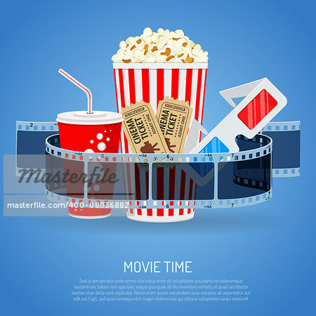 Cinema and Movie time concept with flat icons transparent film, popcorn, drink in paper cup, 3d glasses and tickets , isolated vector illustration