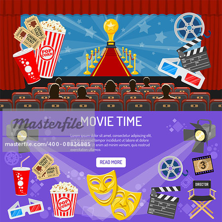 Cinema and Movie horizontal banners with flat icons seats, audience, theater masks, award, popcorn, vector illustration