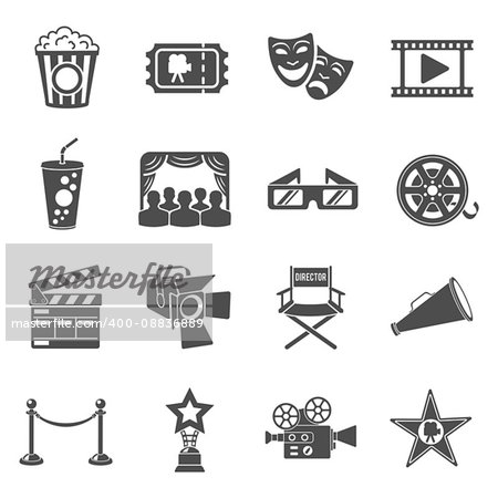 Cinema and Movie Icons Set with popcorn, award, clapperboard, tickets and 3D glasses. Isolated vector illustration