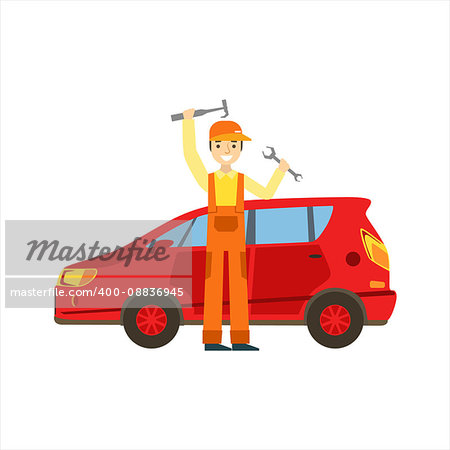 Smiling Mechanic With Wrench And Hammer In The Garage, Car Repair Workshop Service Illustration. Cartoon Male Character In Dungarees Working In Auto Repair Shop.