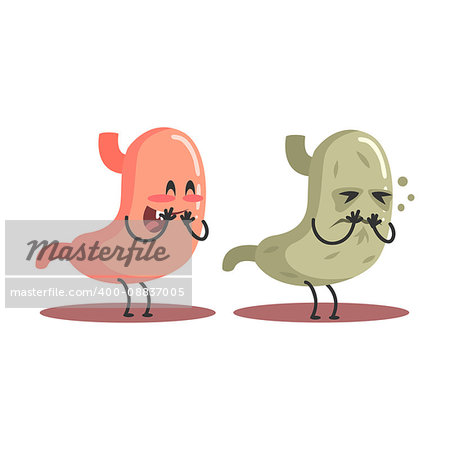 Stomach Human Internal Organ Healthy Vs Unhealthy, Medical Anatomic Funny Cartoon Character Pair In Comparison Happy Against Sick And Damaged. Vector Illustration Humanized Anatomic Elements.