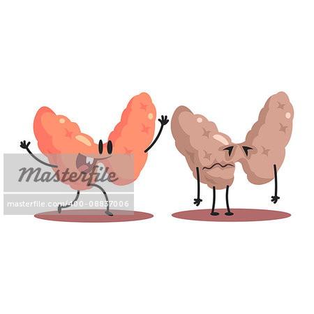 Thyroid Human Internal Organ Healthy Vs Unhealthy, Medical Anatomic Funny Cartoon Character Pair In Comparison Happy Against Sick And Damaged. Vector Illustration Humanized Anatomic Elements.