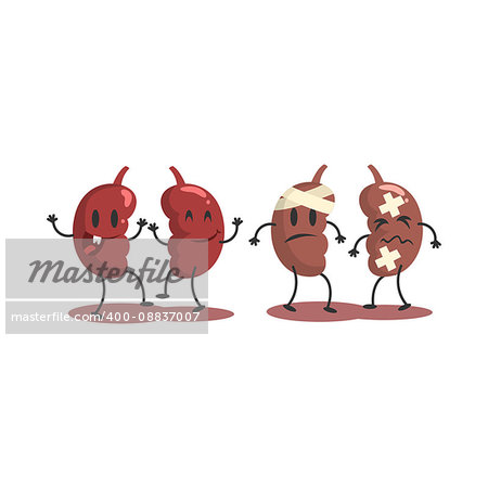 Kidneys Human Internal Organ Healthy Vs Unhealthy, Medical Anatomic Funny Cartoon Character Pair In Comparison Happy Against Sick And Damaged. Vector Illustration Humanized Anatomic Elements.