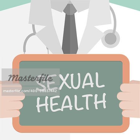 minimalistic illustration of a doctor holding a blackboard with Sexual Health text, eps10 vector