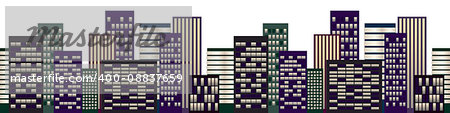 Cityscape at night on white background. Horizontal seamless. Vector illustration.