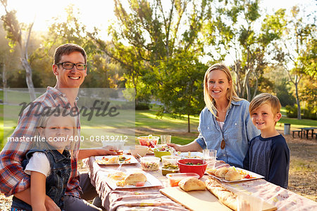 Young family at a picnic in a table in a park look to camera