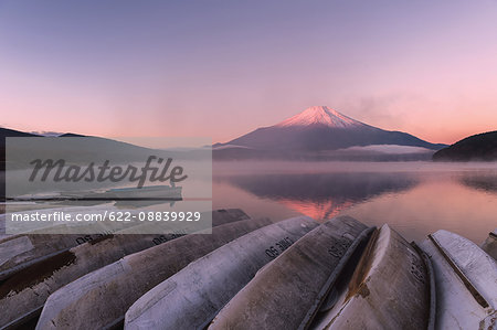 Morning light illuminating Mount Fuji at Lake Yamanaka, Yamanashi Prefecture, Japan