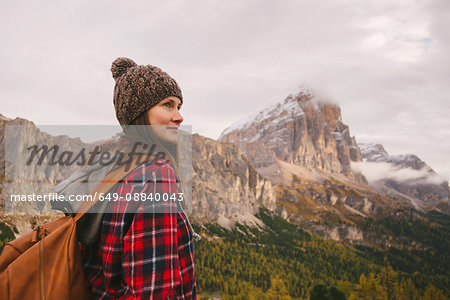 Hiker enjoying scenery, Mount Lagazuoi, Dolomite Alps, South Tyrol, Italy