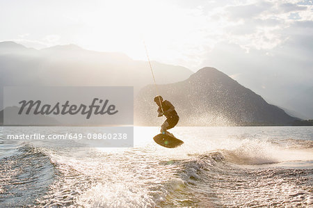 Waterskier waterskiing, Maggiore lake, Verbania, Piedmont, Italy