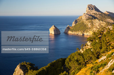 High angle view of coast and El Colomer island, Majorca, Spain