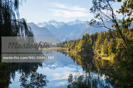 Mount Tasman and Aoraki (Mount Cook) reflected in Lake Matheson, Westland Tai Poutini National Park, UNESCO World Heritage Site, West Coast, South Island, New Zealand, Pacific