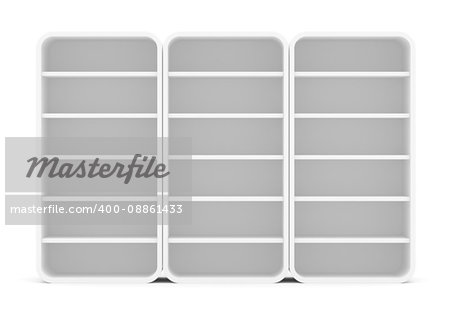 Three empty rounded retail shelves. Front view. Template. 3D Illustration, Isolated on white