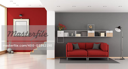 Red and gray modern living room with staircase,sofa and bookcase - 3d rendering