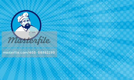 Business card showing Illustration of a baker chef cook with beard wearing hat smiling facing front set inside circle background done in retro style.