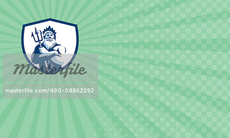 Business card showing Illustration of triton mythological god arms crossed holding trident viewed from front set inside shield crest on isolated background done in retro style.