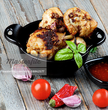 Delicious Spicy Roasted Chicken Legs in Black Frying Pan with Ingredients and Sauce closeup on Rustic Wooden background