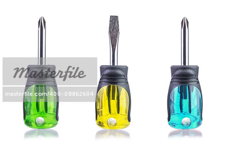 Set of short varicolored screwdrivers isolated on a white background