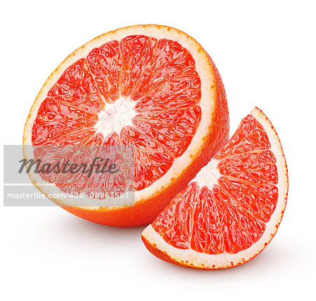 Half and slice of blood red orange citrus fruit isolated on white background with clipping path