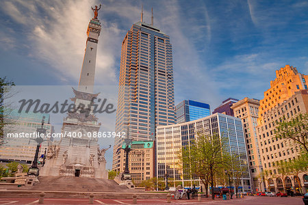 Cityscape image of downtown Indianapolis, Indiana during sunset.