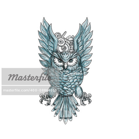 Tattoo style illustration of an owl swooping with clock gears behind its wings viewed from the front set on isolated white background.