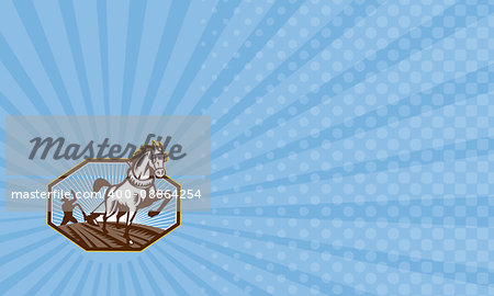 Business card showing Illustration of farmer and horse pulling plow plowing field done in retro style.