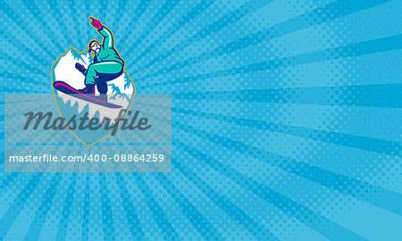 Business card showing Illustration of a snowboarding jumping on snowboard pointing forward set inside crest shield with mountain alps and alpine trees in background.