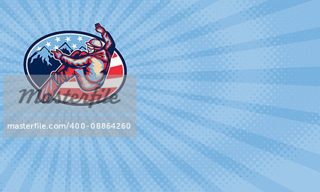 Business card showing Illustration of a snowboarding spin jumping on snowboard set inside oval with alpine alps mountains and American stars and stripes flag in background done in retro style.
