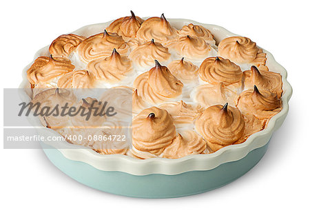 Lemon pie with meringue on dish isolated on white background