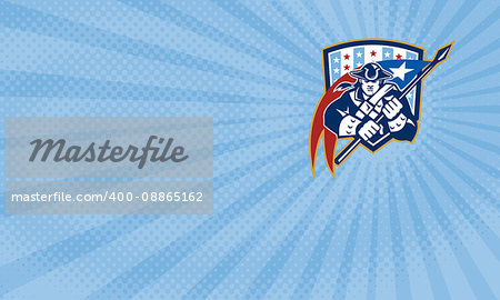 Business card showing Illustration of an American Patriot brandishing holding a flag set inside crest shield with USA stars and stripes.