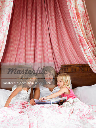 Girls reading a book in bed