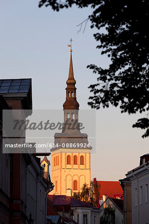 Church steeple overlooking town