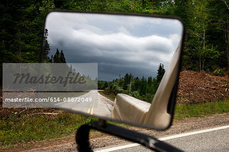 Rear view reflection on road to Inverness, Cape Breton Island, Nova Scotia