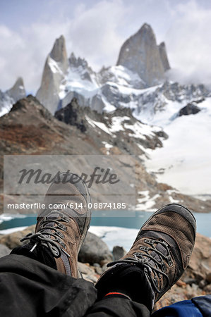 Feet in front of the Monte Fitz Roy in Los Glaciares National Park., El Chalten, Argentina