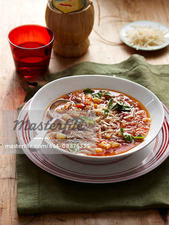 Still life with bowl of minestrone soup