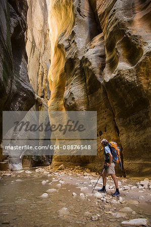 Male hiker backpacking the Narrows, Zion National Park, Utah, USA