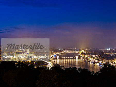 Skyline of Budapest from Gellert Hill by night, Hungary