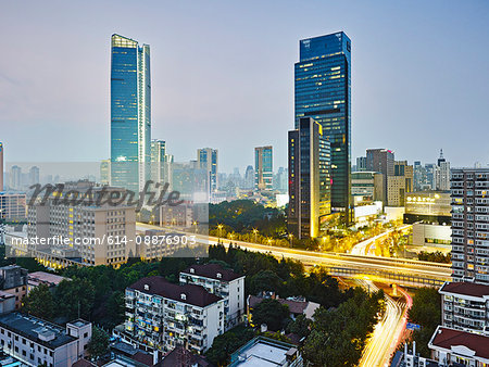 Jing An district at dusk, Shanghai, China