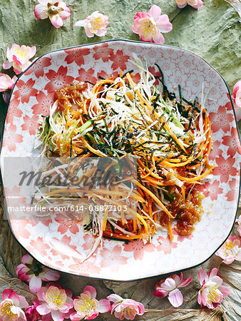 Still life with dish of Japanese shredded cabbage salad