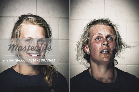 Portraits of blond young woman before and after crossfit training