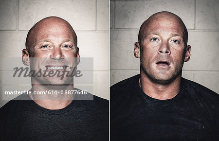 Portraits of young bald man before and after crossfit training