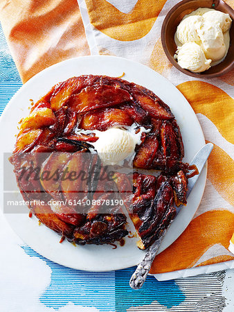 Overhead view of caramalised mango banana tart and ice cream