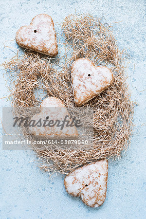 Overhead view of heart shaped gingerbread biscuits on straw