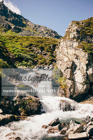 Water flowing down rocks to river, Partenen, Vorarlberg, Austria