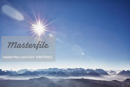 Elevated view of misty mountains, Bavaria, Germany