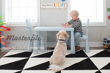 Young boy playing with pink dough on table, dog sitting beside table, watching