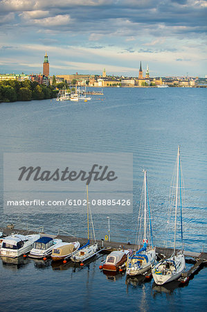 Boats, Stockholm City Hall on background, Sweden
