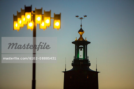 Stockholm City hall tower at dusk, Stockholm, Sweden