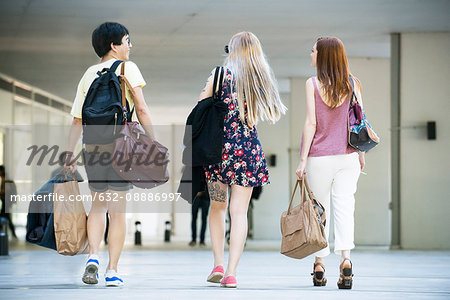 Pedestrians chatting as they approach a building entrance